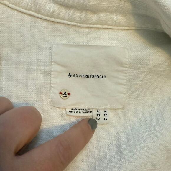 Anthropologie Womens 12 Linen White Long Sleeve Open Front blazer Tuxedo Pockets - Picture 8 of 10